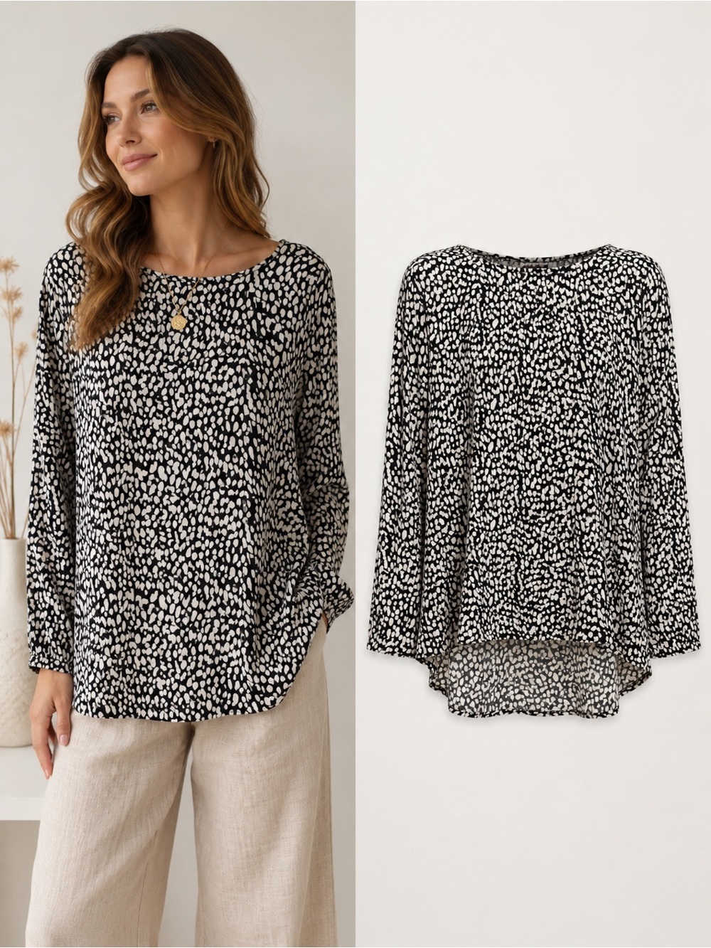 Mister Zimi | Black & White Abstract Spot Print Viscose Blouse | Size 14 | Boho